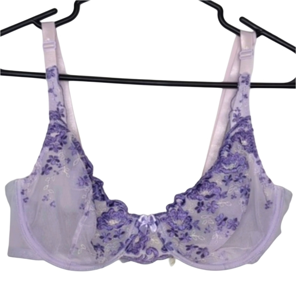 Gilligan And‎ O'Malley 38C Purple Sheer Mesh Floral Embroidery Unpadded Bra
